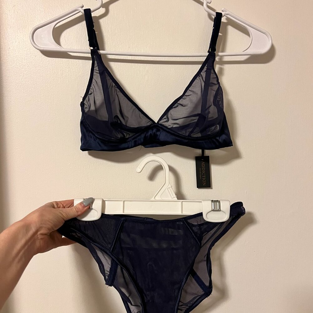Addiction Lingerie Mesh Bra and Underwear in Navy Blue Size Extra Small